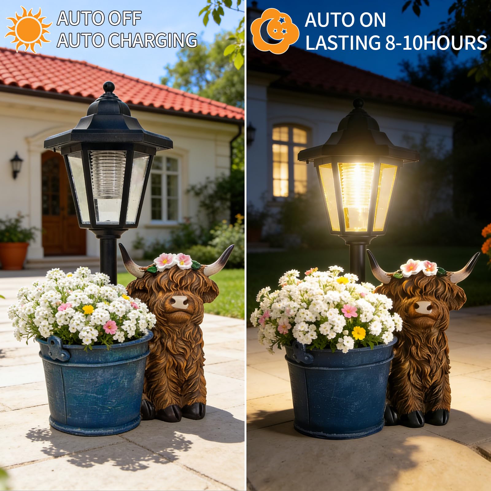 YEPOTUE solar garden lantern glows at night for warm illumination.