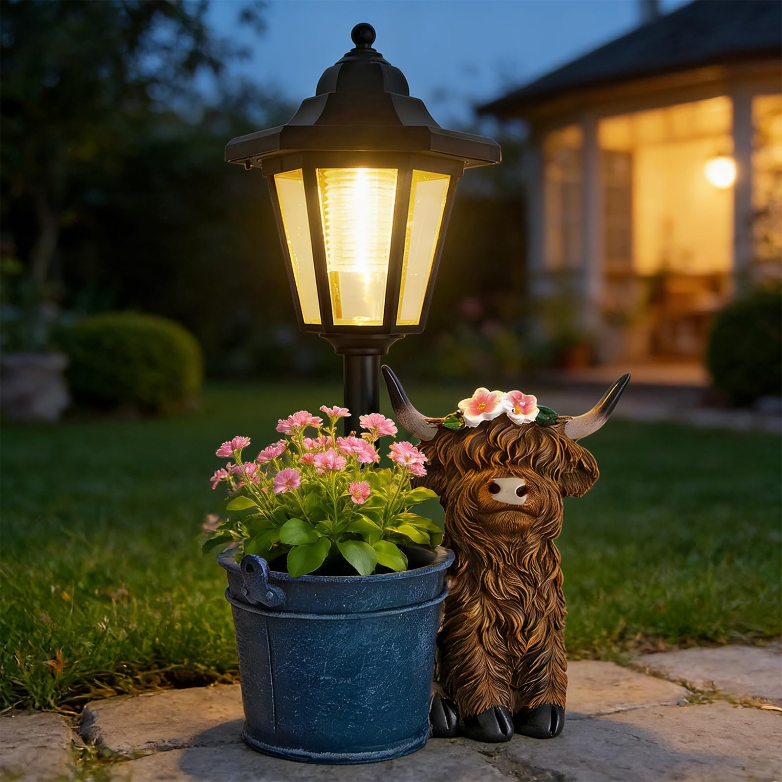 YEPOTUE solar Highland cow with flowerpot lantern enhances outdoor ambiance.