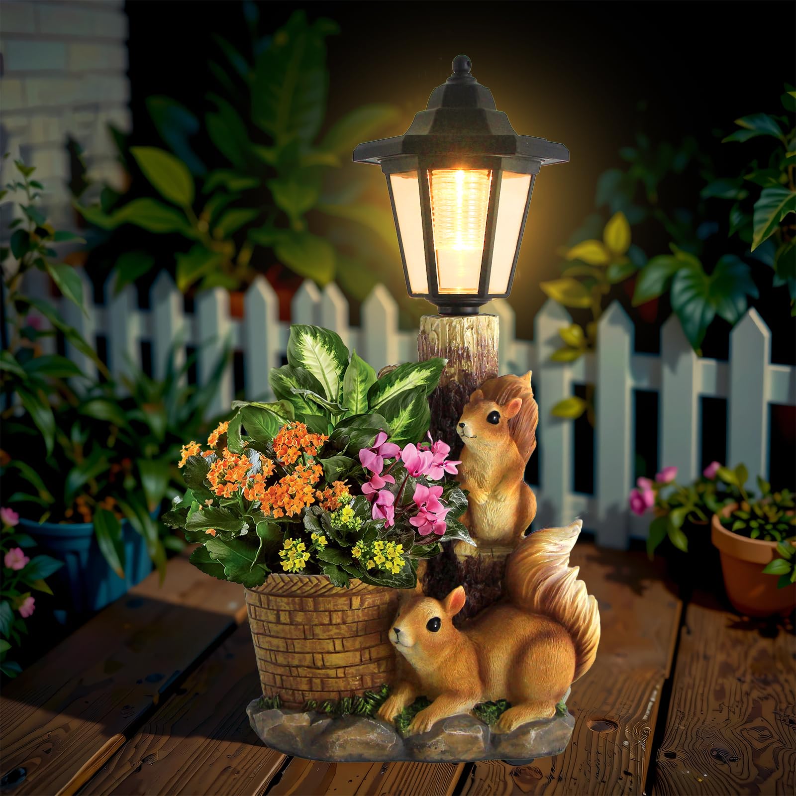 YEPOTUE solar squirrel statue with planter and lantern brightens outdoor spaces