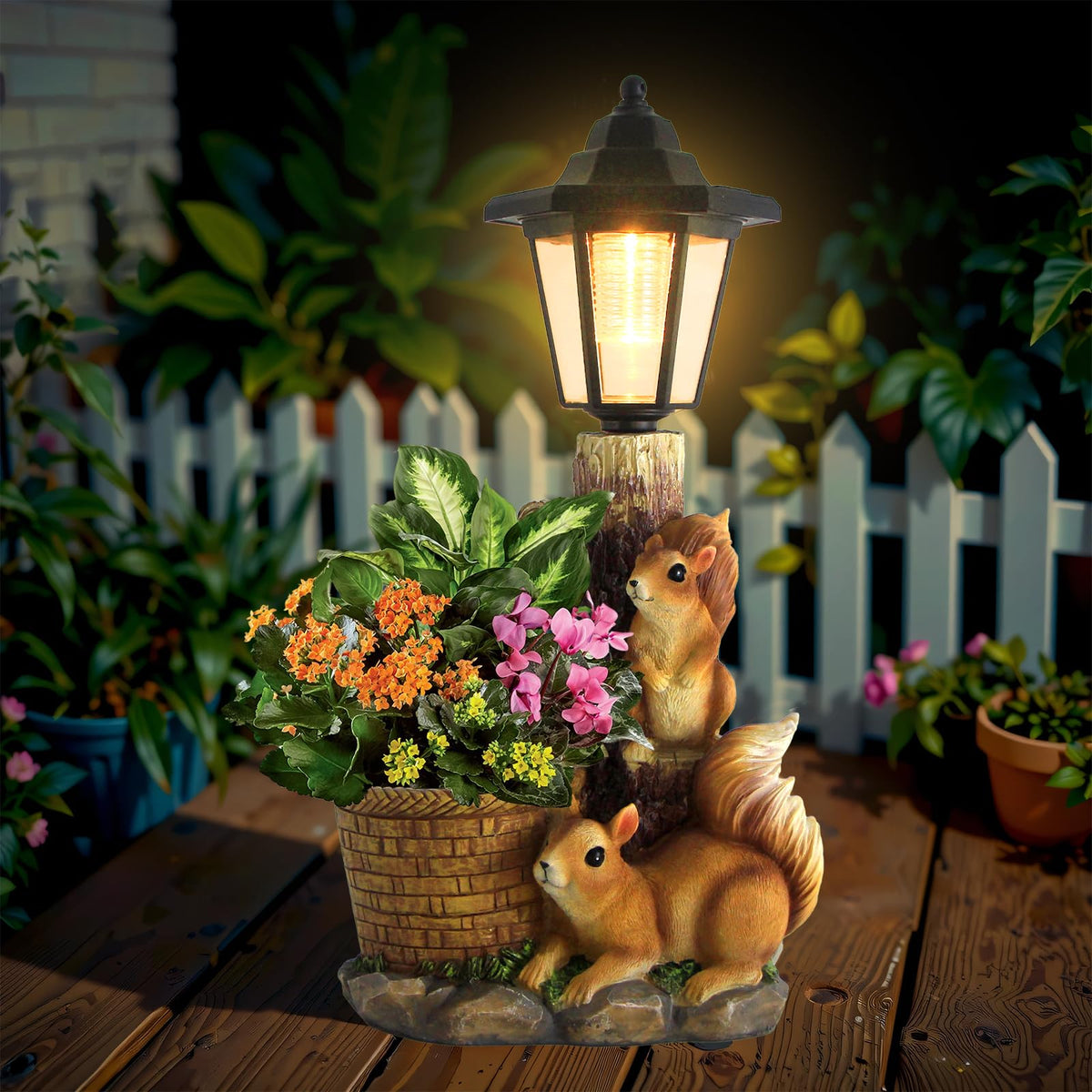 YEPOTUE solar squirrel statue with planter and lantern brightens outdoor spaces