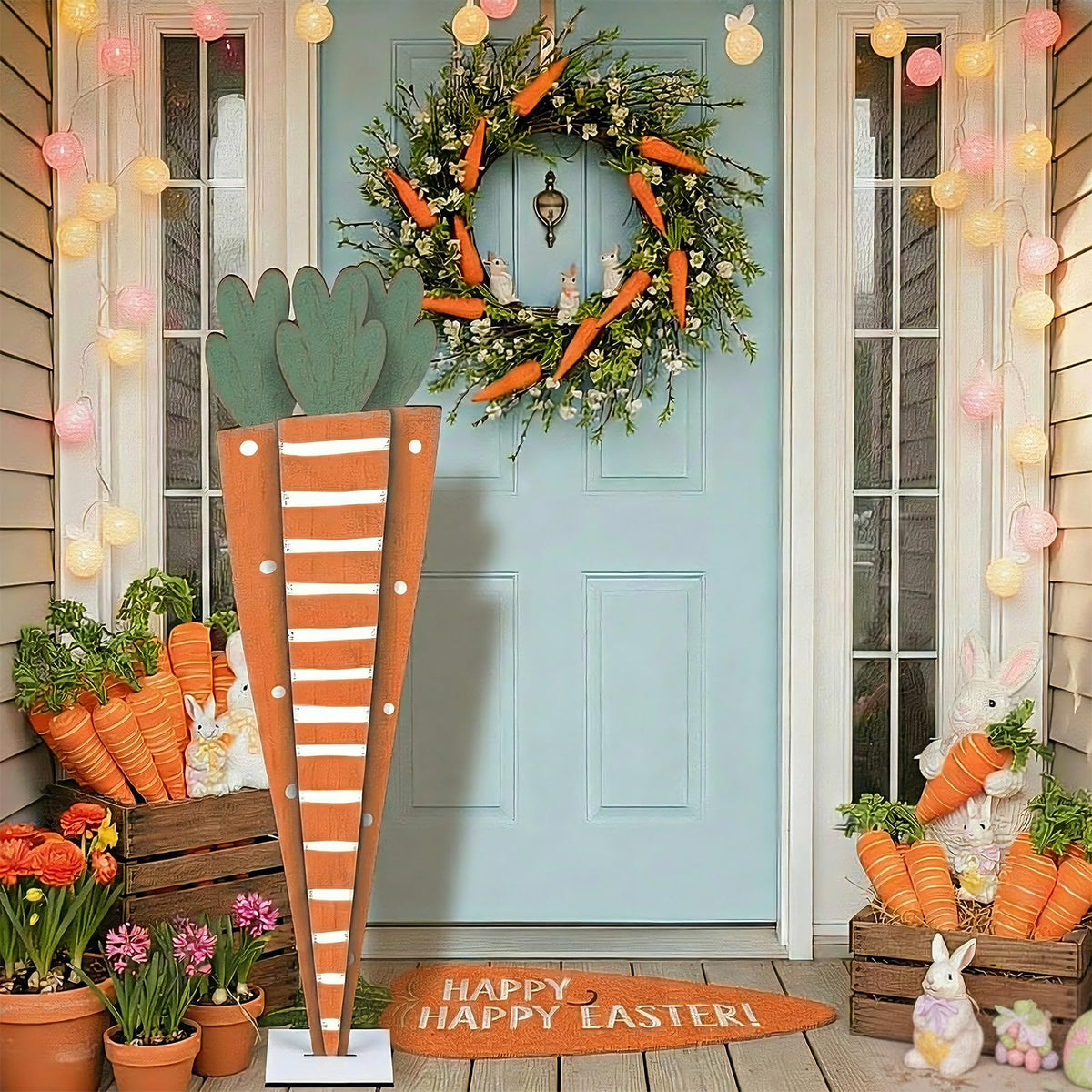 Yerliker Easter carrot porch sign with wooden stand enhances porch decor.