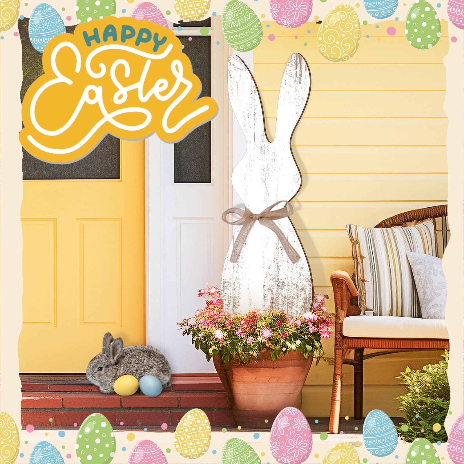 Yerliker wooden Easter bunny decor durable for year-round porch display.