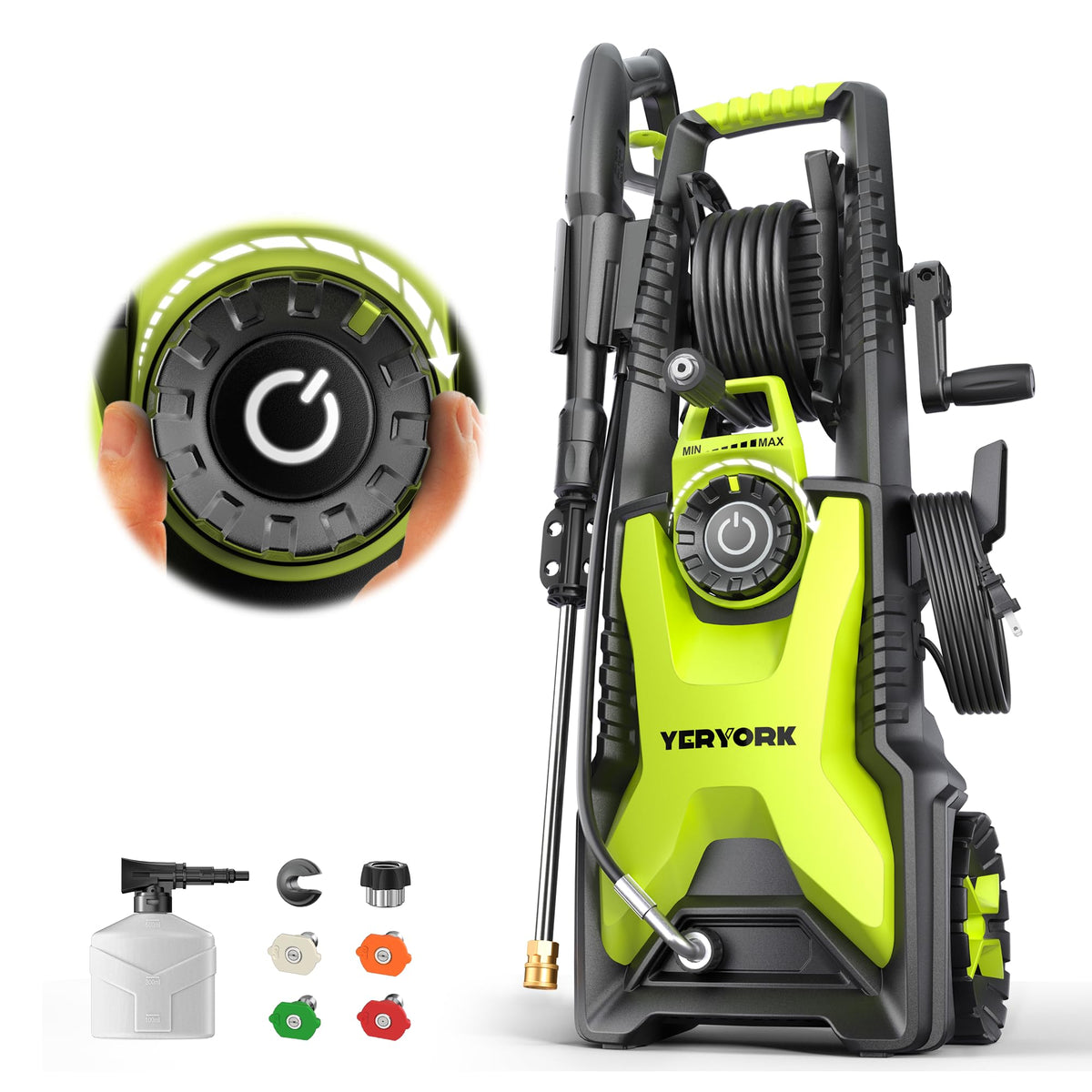 Yeryork pressure washer with 33ft hose reel for extended reach and tidy storage