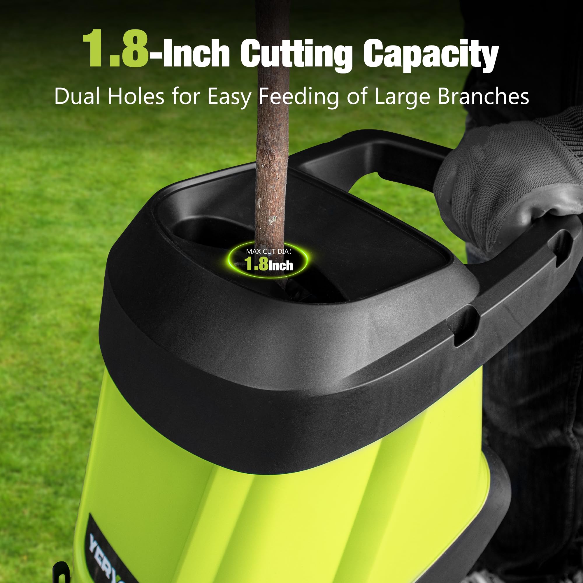 Yeryork wood chipper 15-amp motor delivers up to 4000 RPM for fast shredding.