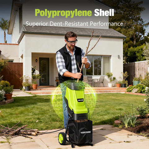 Yeryork wood chipper includes a 50L collection bag for clean yard debris.