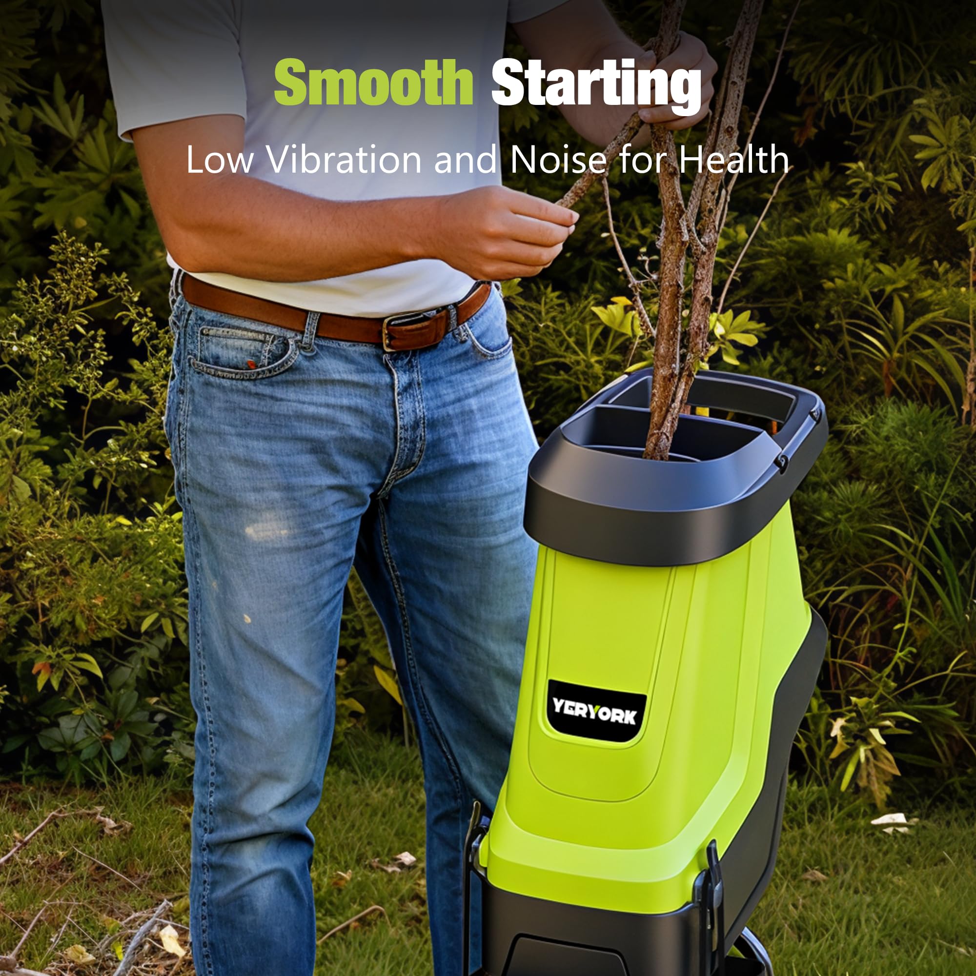 Yeryork wood chipper features 7-inch wheels for easy mobility and storage.