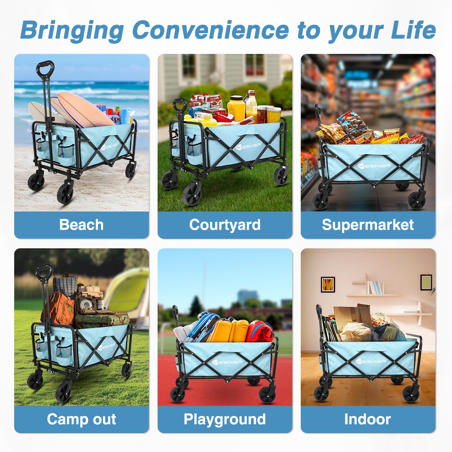 Yesker Foldable Wagon blue model shown outdoors for camping.