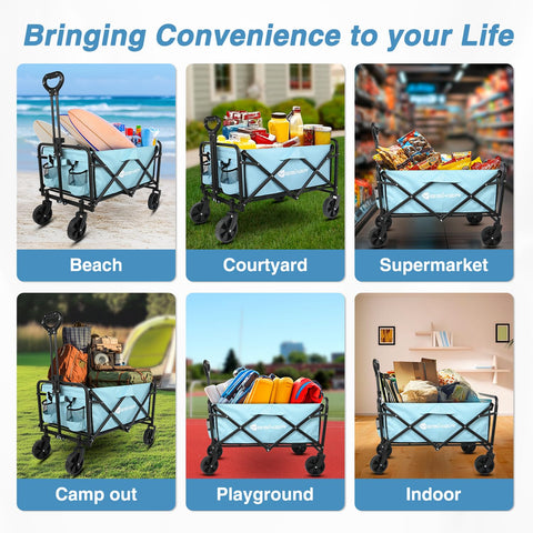 Yesker Foldable Wagon blue model shown outdoors for camping.