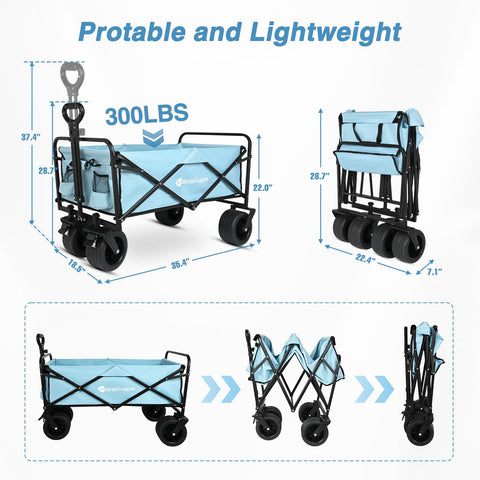 Yesker wagon with all-terrain wheels glides smoothly on grass.