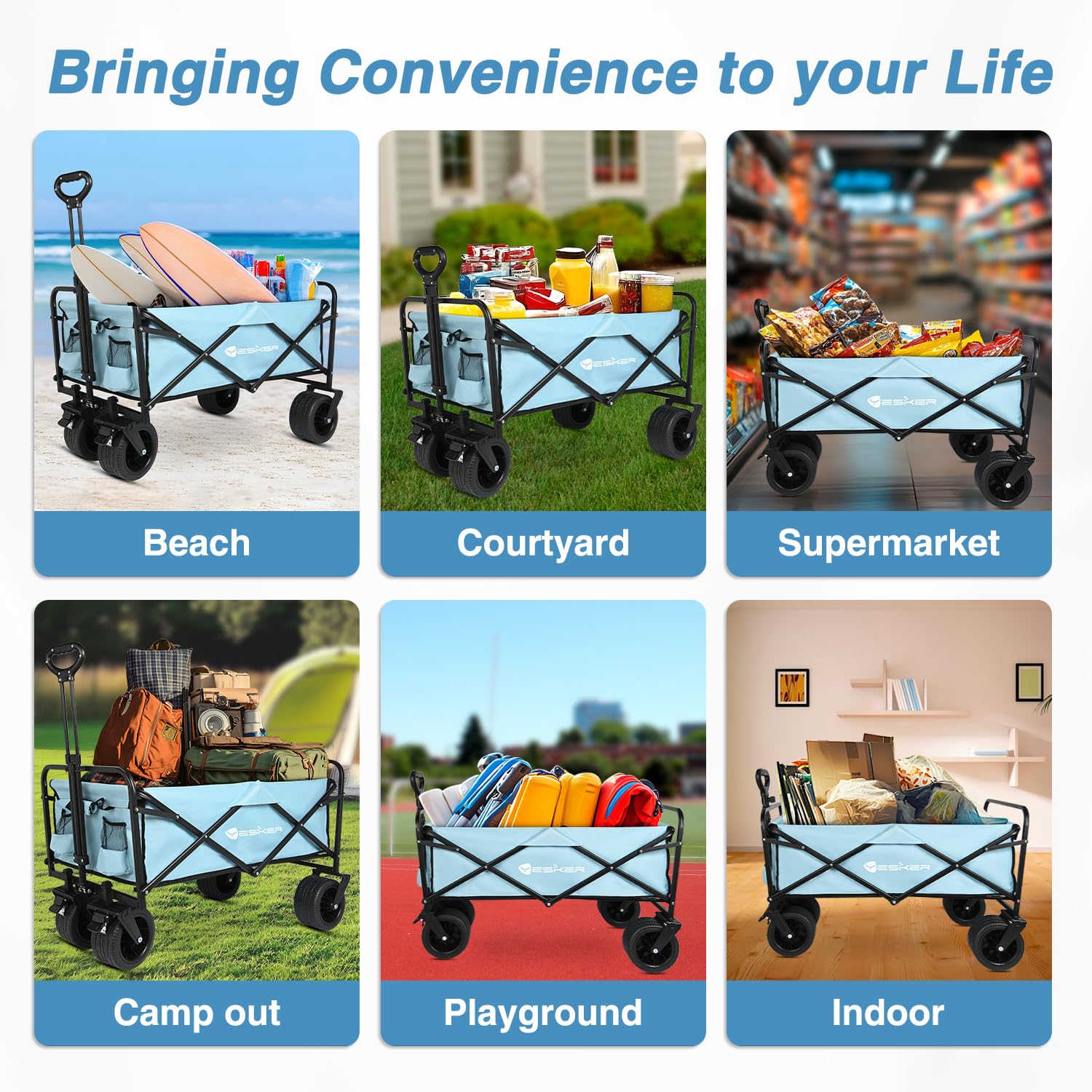 Yesker blue foldable wagon offers portable storage and transport in outdoor settings.
