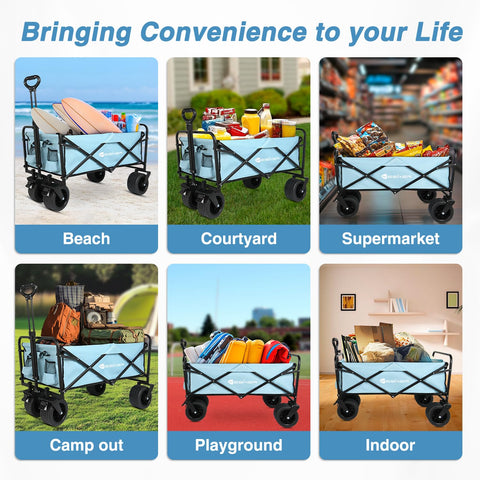 Yesker blue foldable wagon offers portable storage and transport in outdoor settings.