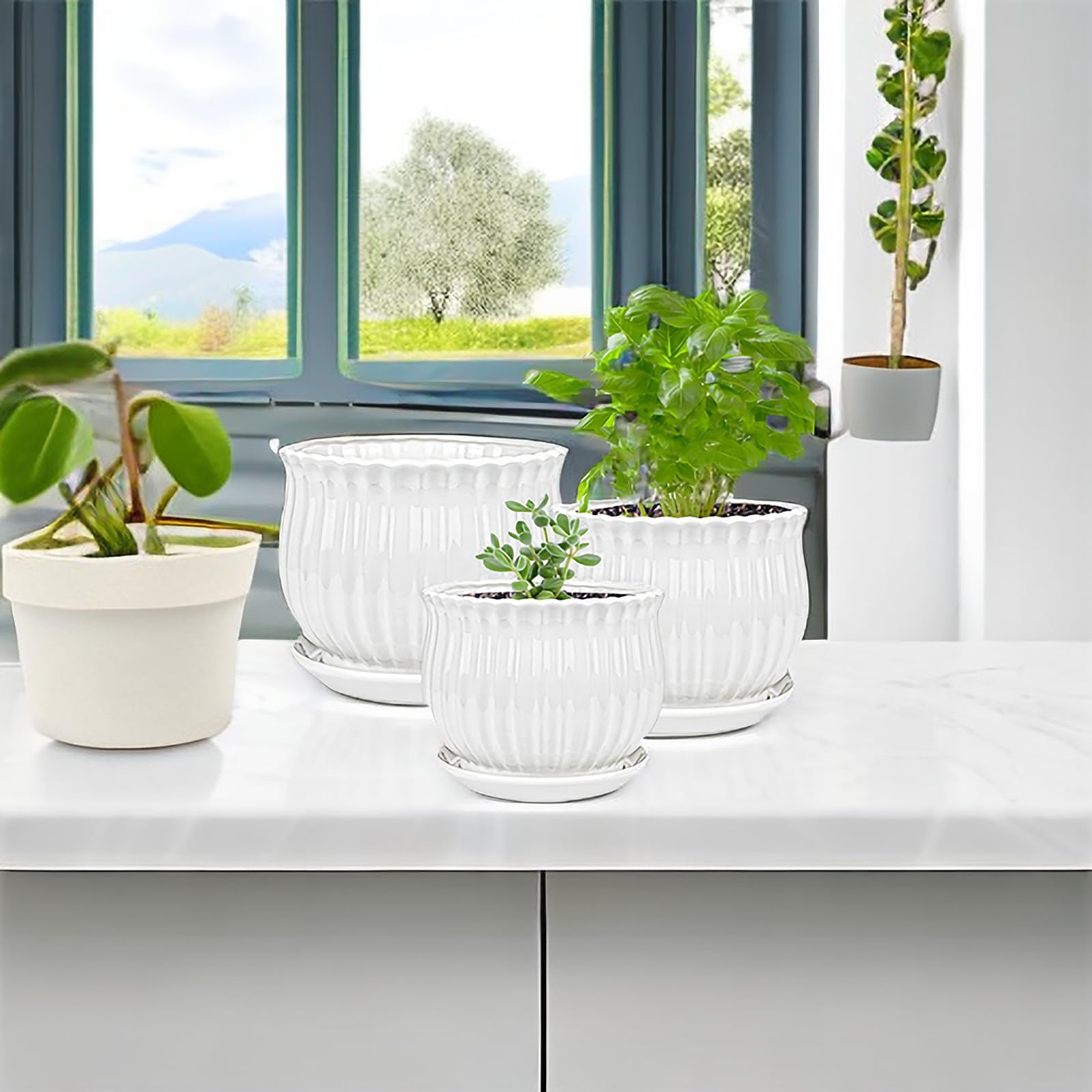 Yesland ceramic planter with drainage hole and saucer to protect surfaces