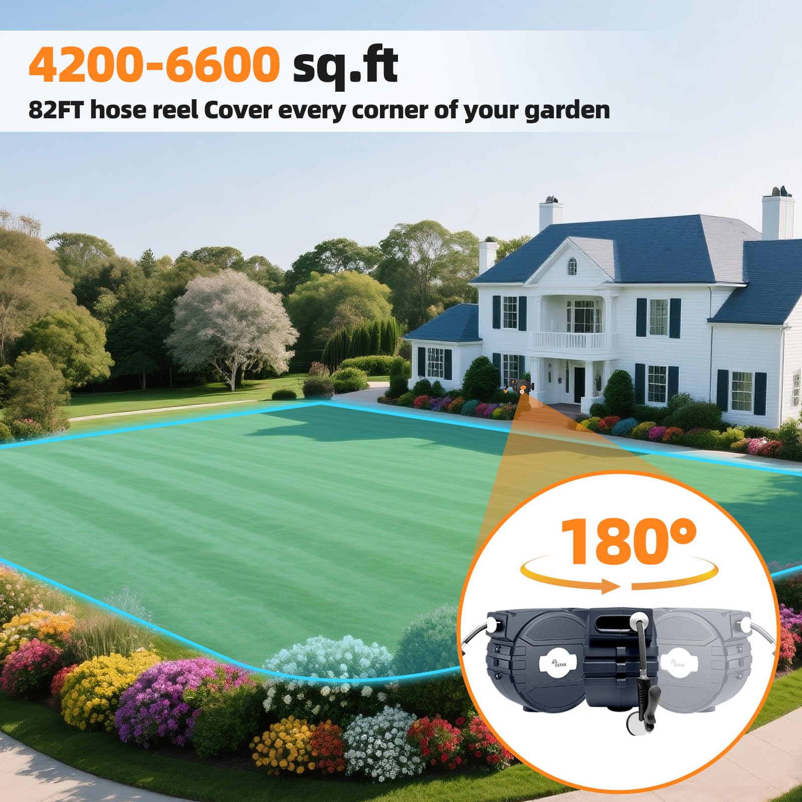 YESTAR hose reel mounted on wall with a 180-degree bracket enabling flexible reach.