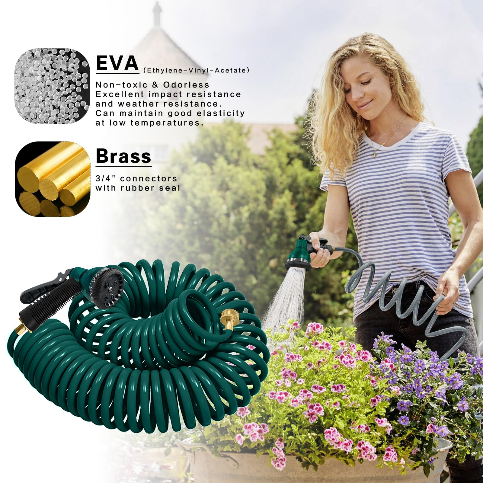 YESTAR coil hose with seven-pattern nozzle for versatile watering tasks.