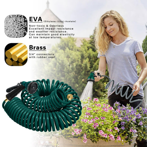YESTAR coil hose with seven-pattern nozzle for versatile watering tasks.