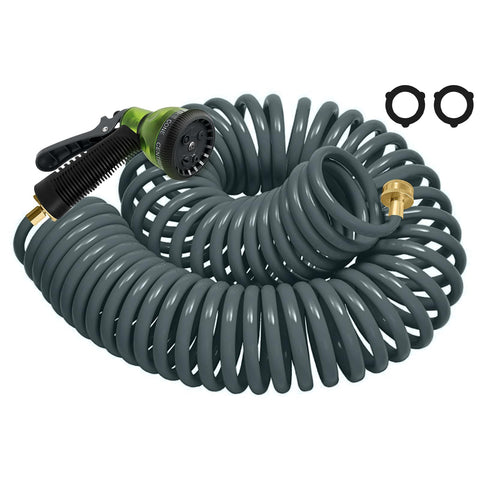 YESTAR coil hose 75ft stretches across a lush lawn for watering.