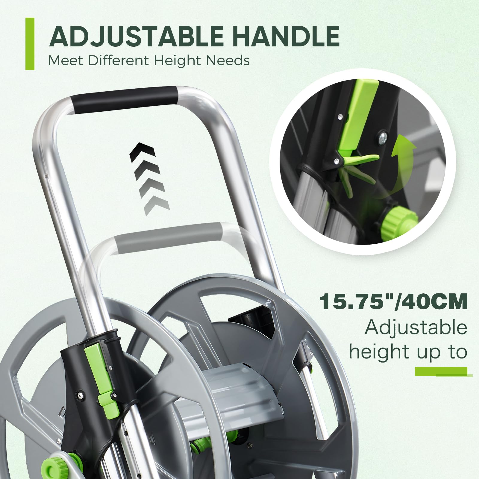 YESTAR Garden Hose Reel Cart adjustable armrests reach hard-to-reach garden corners.