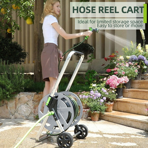 YESTAR Garden Hose Reel Cart loaded with 75-150 ft hose for tidy yard setup.