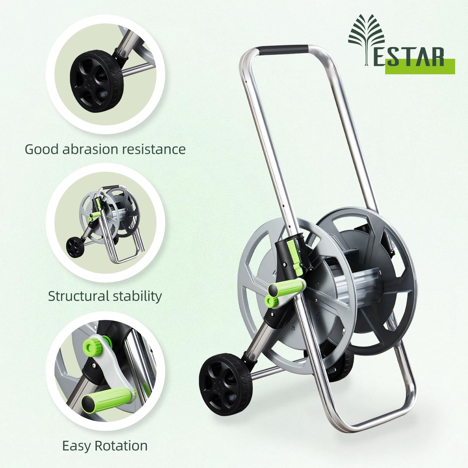 YESTAR Garden Hose Reel Cart weather-resistant frame protects against rust outdoors.