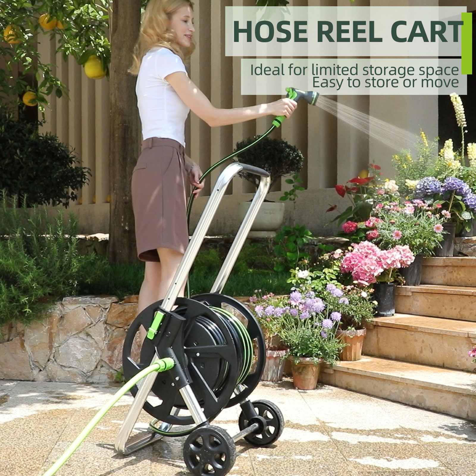 YESTAR hose reel cart on wheels enabling easy mobility across yards.