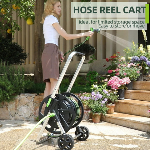 YESTAR hose reel cart on wheels enabling easy mobility across yards.