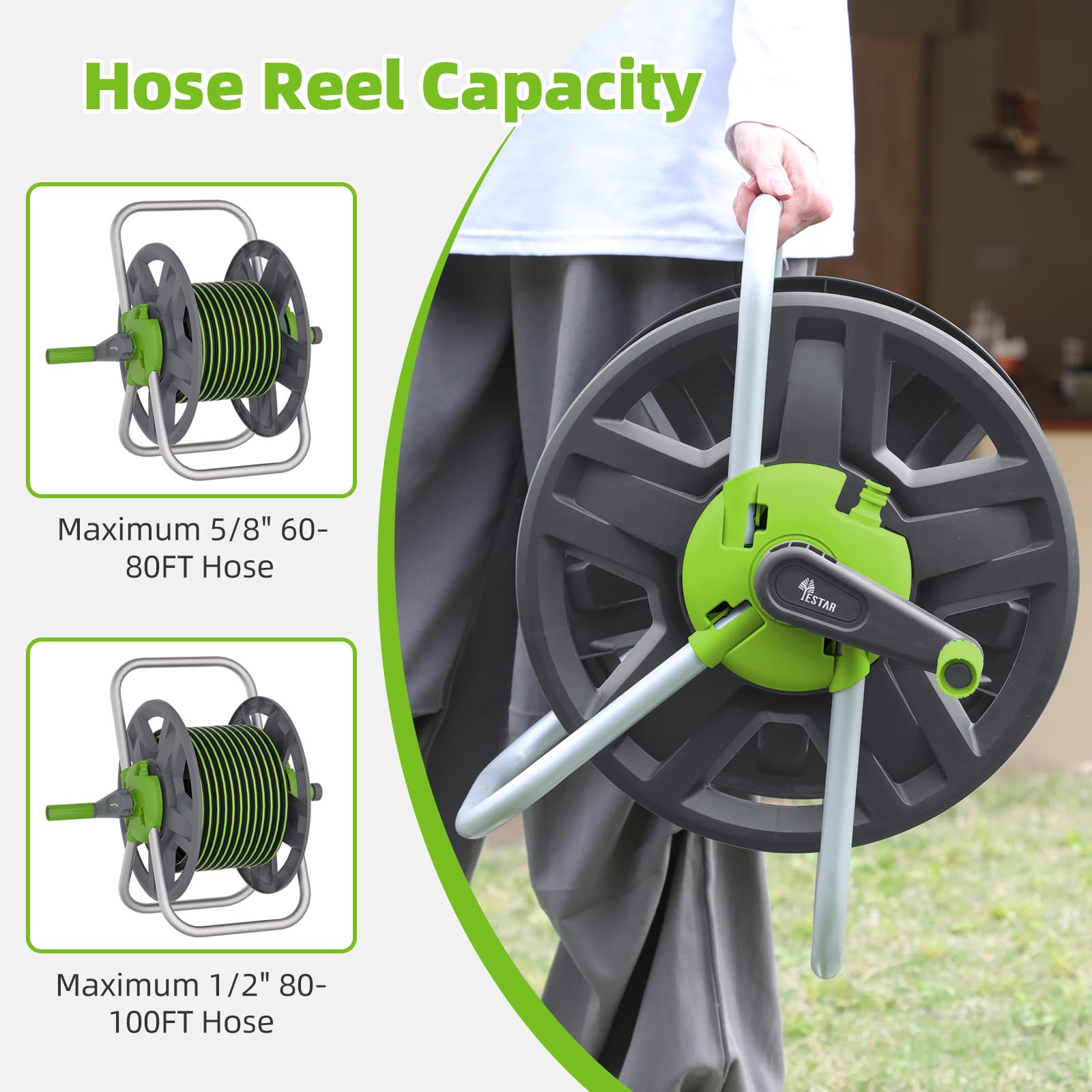 YESTAR Green hose reel cart in a garden for tidy watering and space-saving.