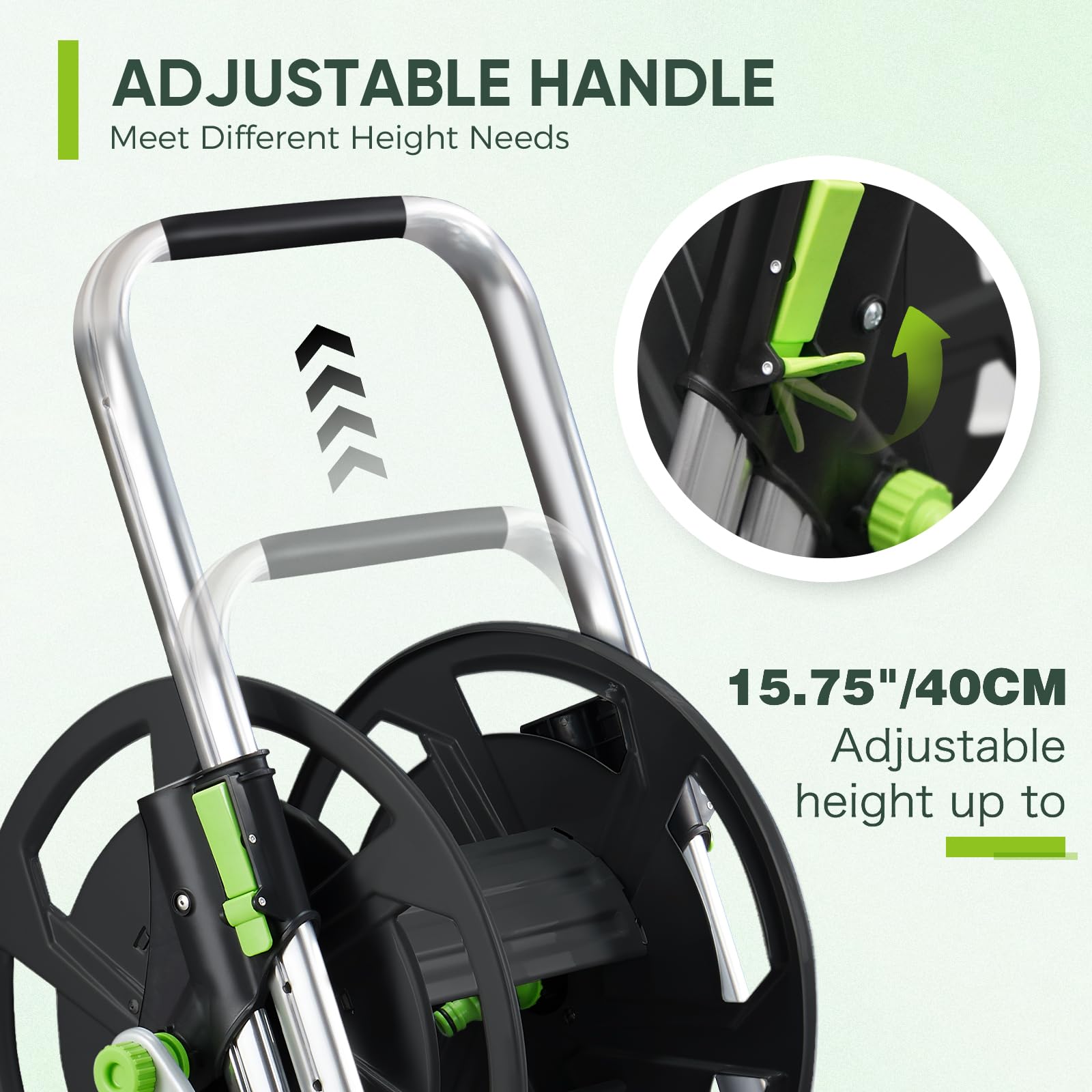Adjustable armrest on YESTAR reel cart for reaching garden corners comfortably.