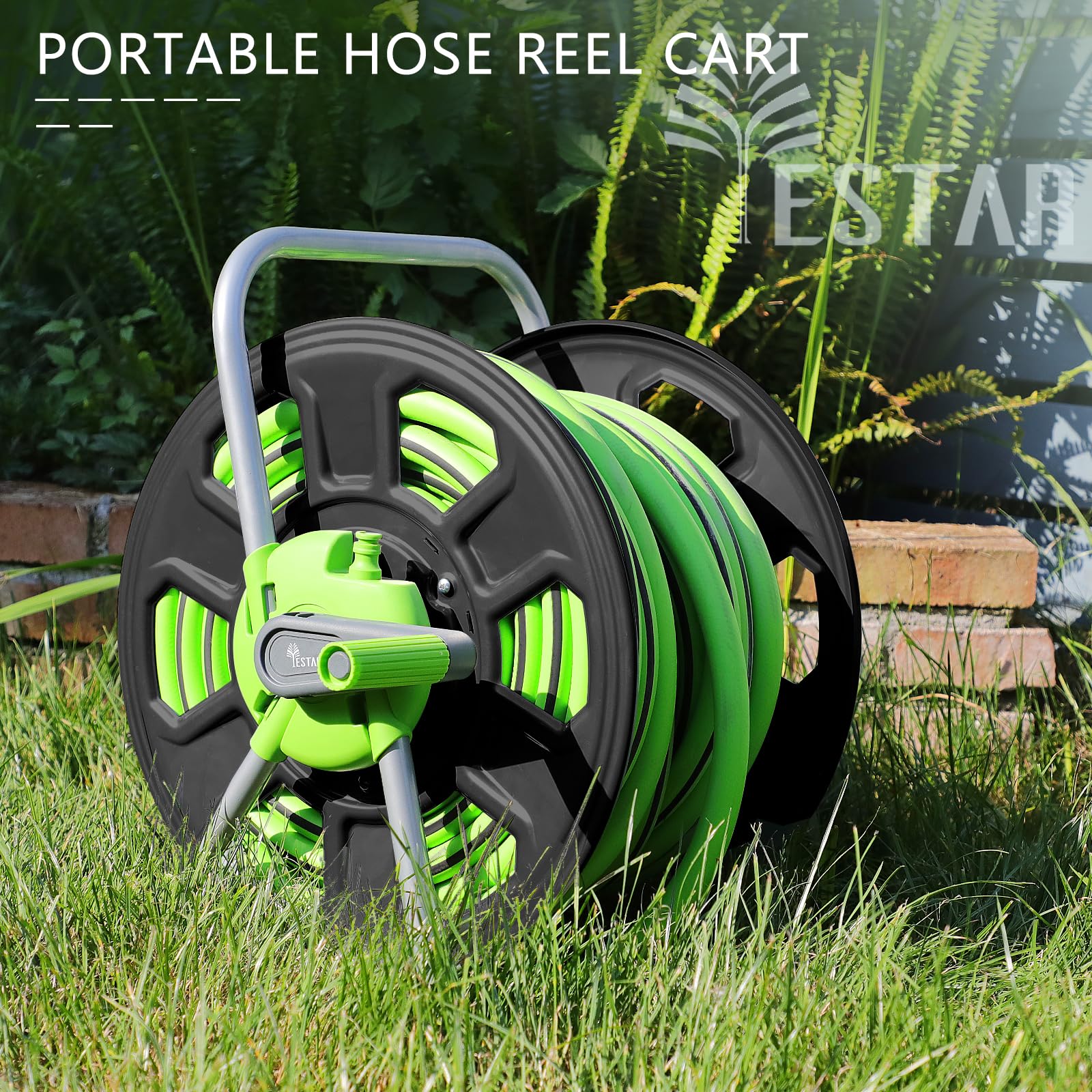 YESTAR hose reel cart holding 100 ft of 5/8 inch hose neatly.