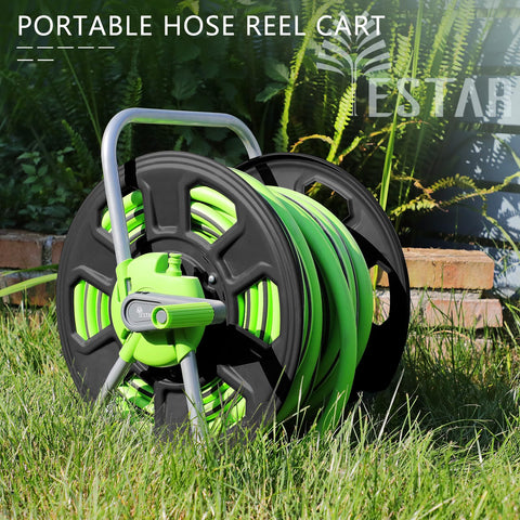 YESTAR hose reel cart holding 100 ft of 5/8 inch hose neatly.