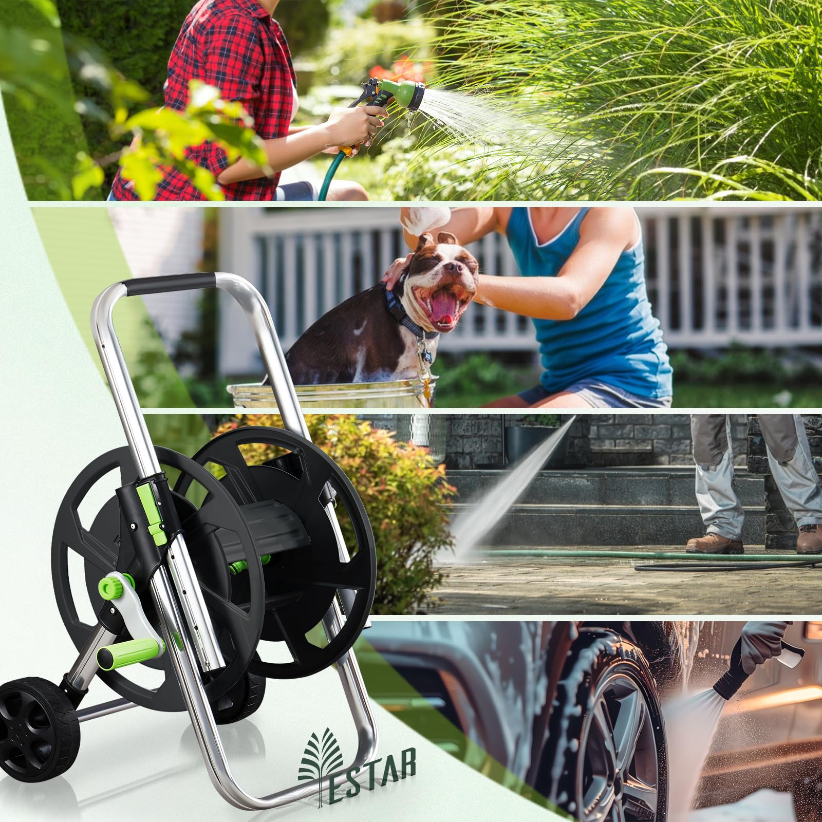 Non-slip handle on YESTAR hose reel cart for secure rolling on uneven surfaces.