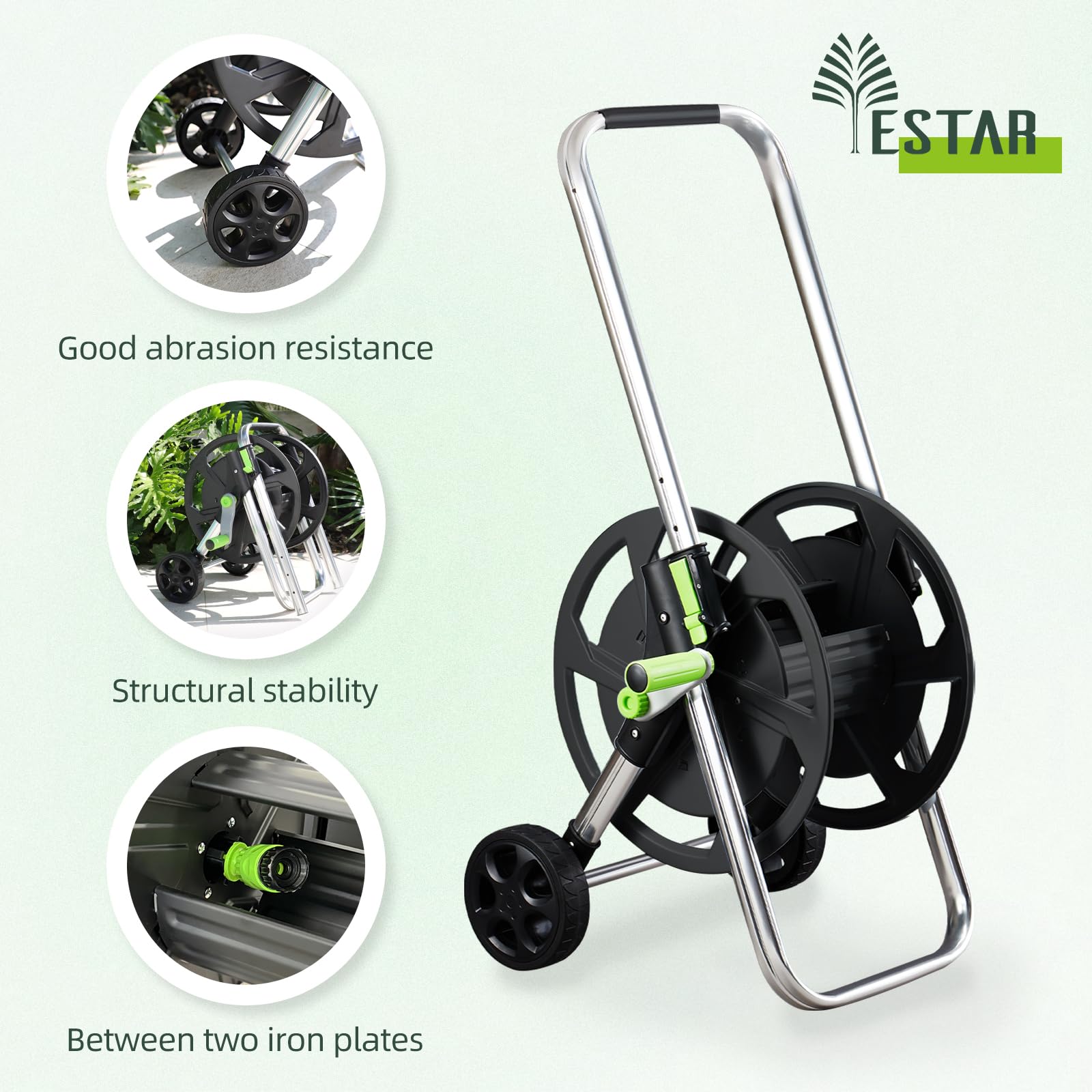 Weather-resistant frame of YESTAR hose reel cart protects against outdoor elements.