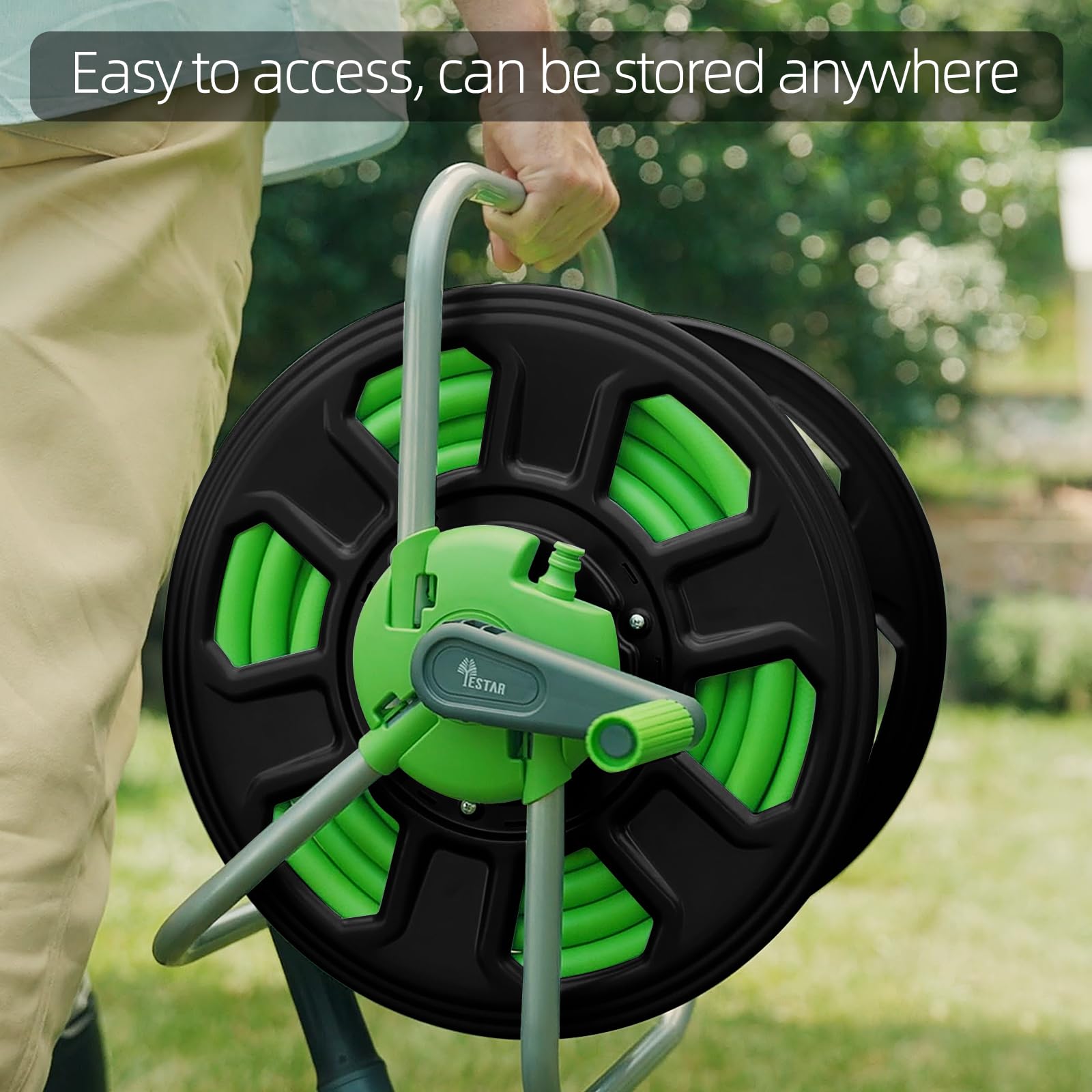YESTAR metal hose reel cart with assembly video guide for quick setup.