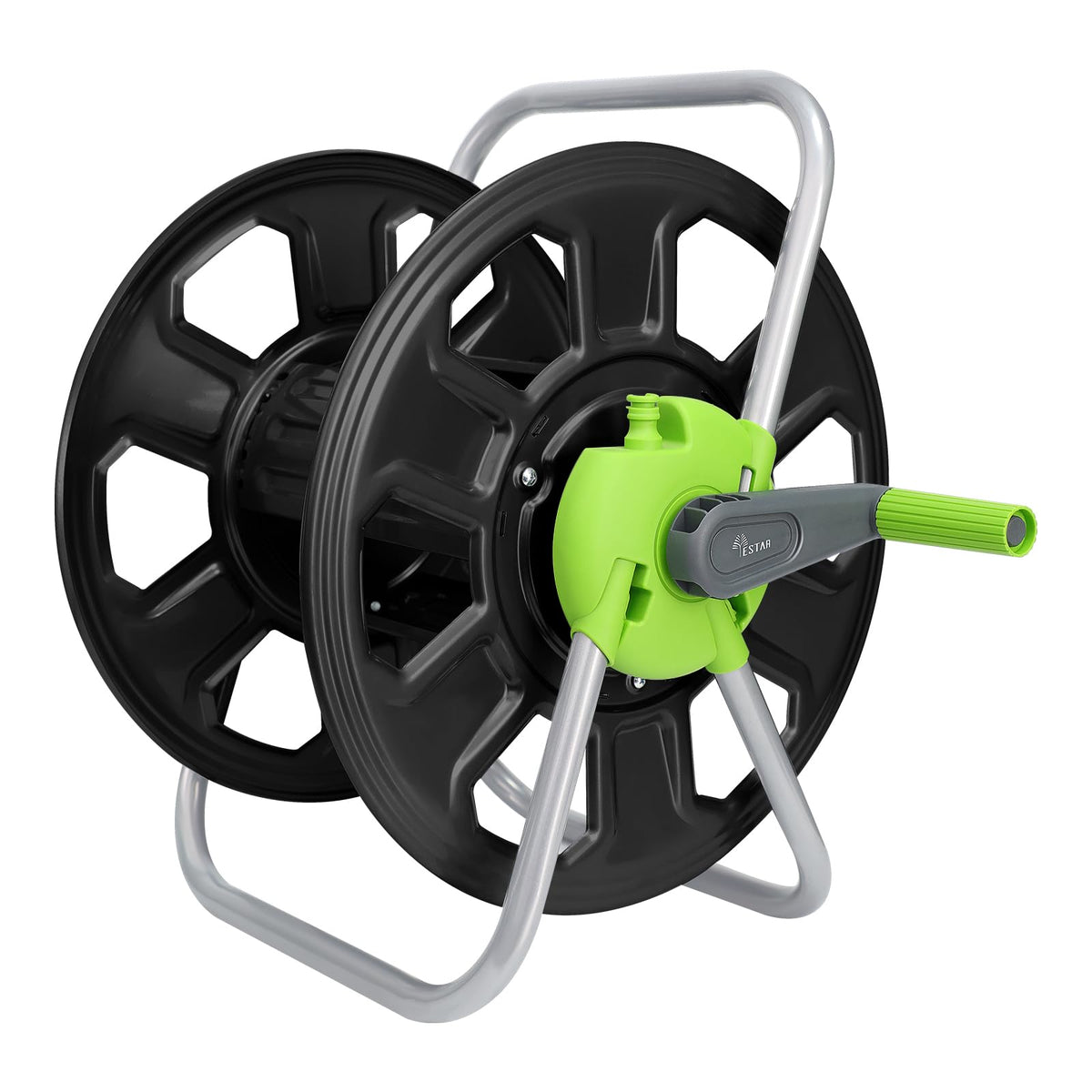 YESTAR metal hose reel cart side view showing compact storage for gardens.