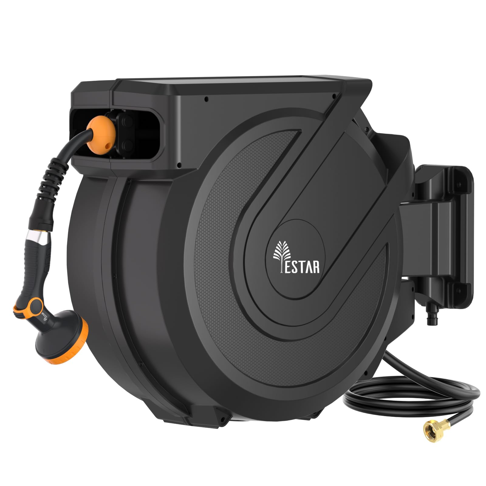 YESTAR retractable hose reel with 100 ft hose mounted on wall for easy watering
