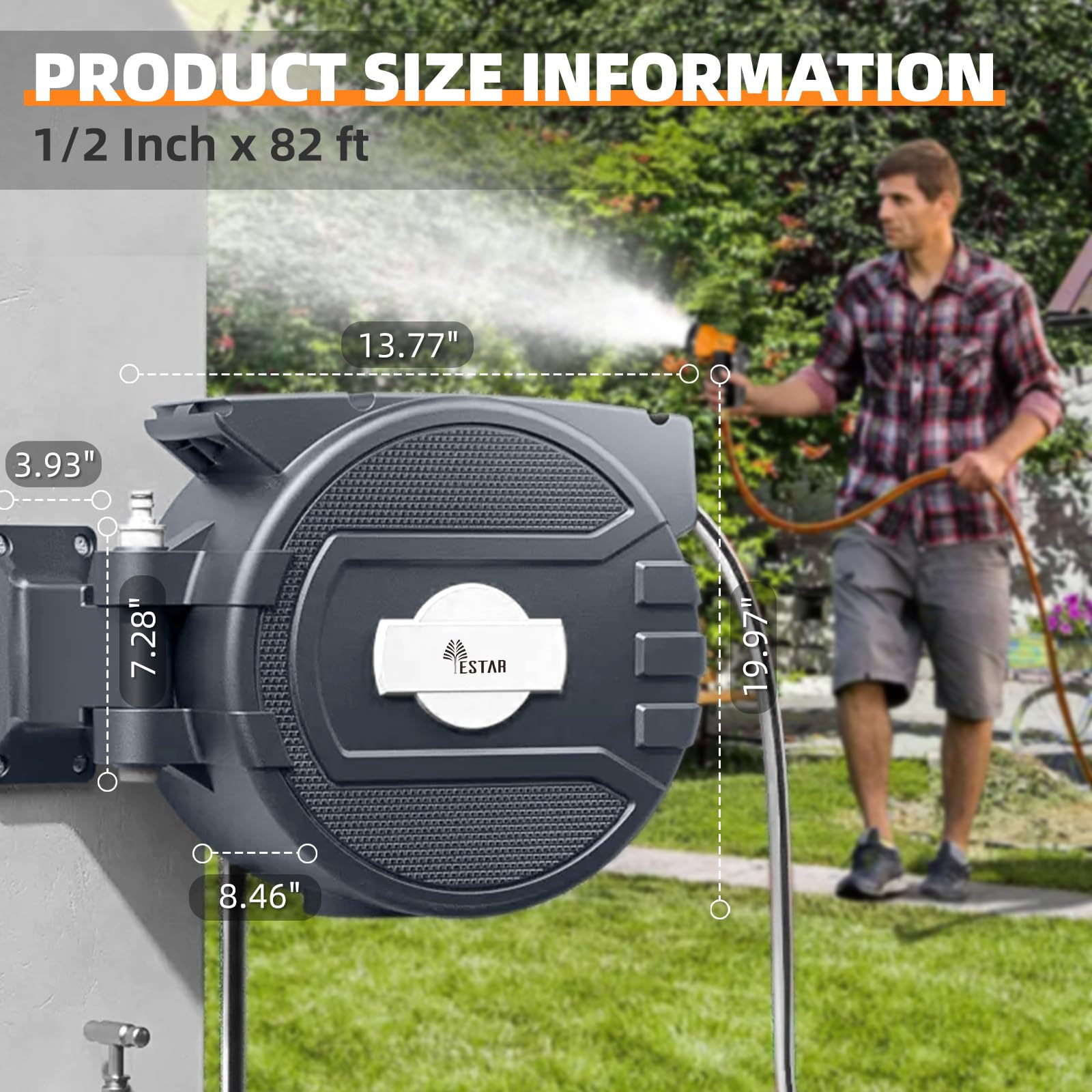 YESTAR UV all-weather coating protects the hose reel in sun and rain.