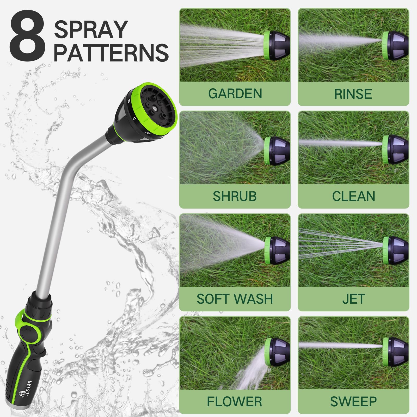 YESTAR watering wand with thumb flow control for easy one-handed operation.