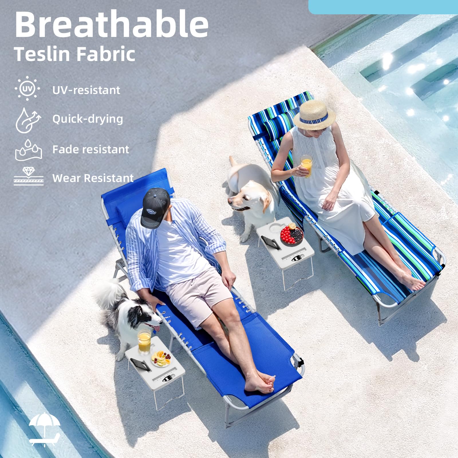 Yestomo tanning chair in lying-flat mode for full-body relaxation outdoors.