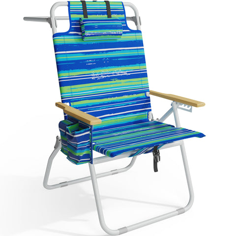 Yestomo tall beach chair with wooden armrests for all-day beach comfort.