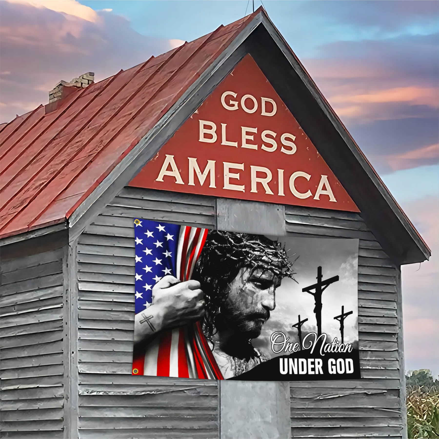 Yesuavt patriotic christian banner in yard for holidays and faith celebrations.