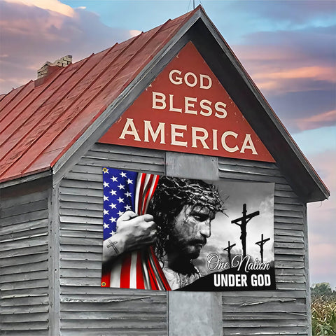 Yesuavt patriotic christian banner in yard for holidays and faith celebrations.