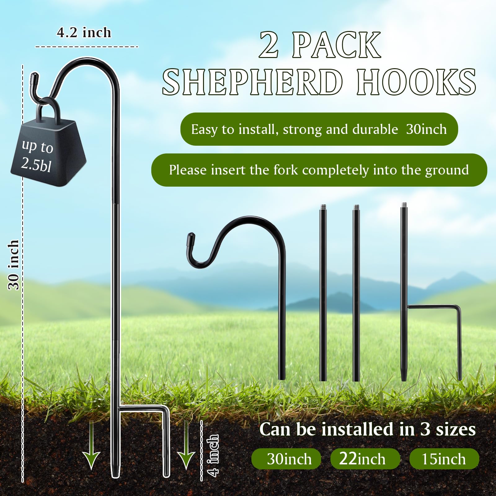 Yetene 30-inch steel shepherd hook assembly for easy tool-free setup.