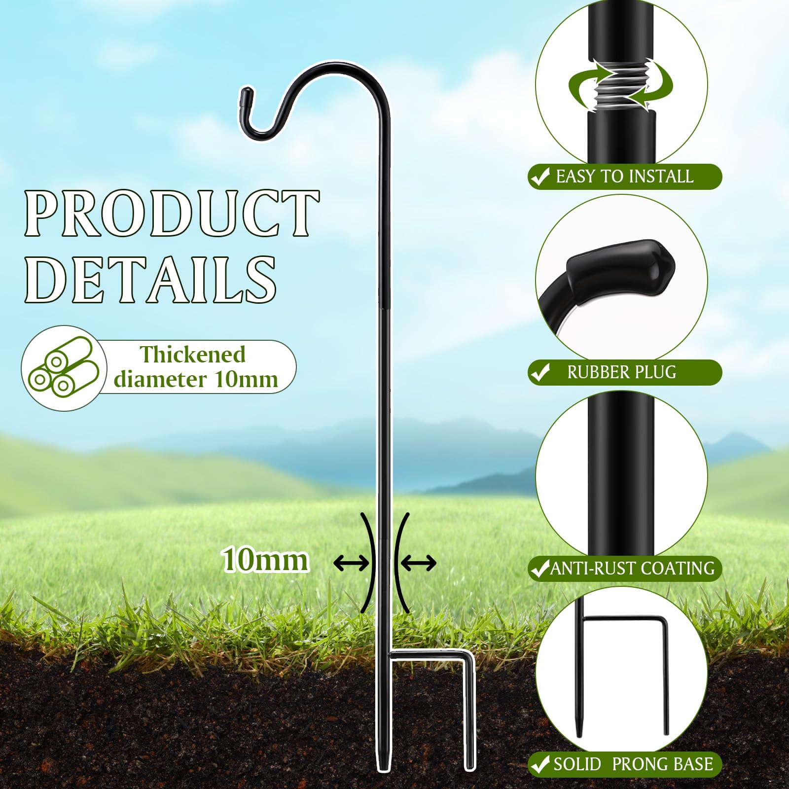 Yetene black metal shepherd hook stand for durable garden accents.