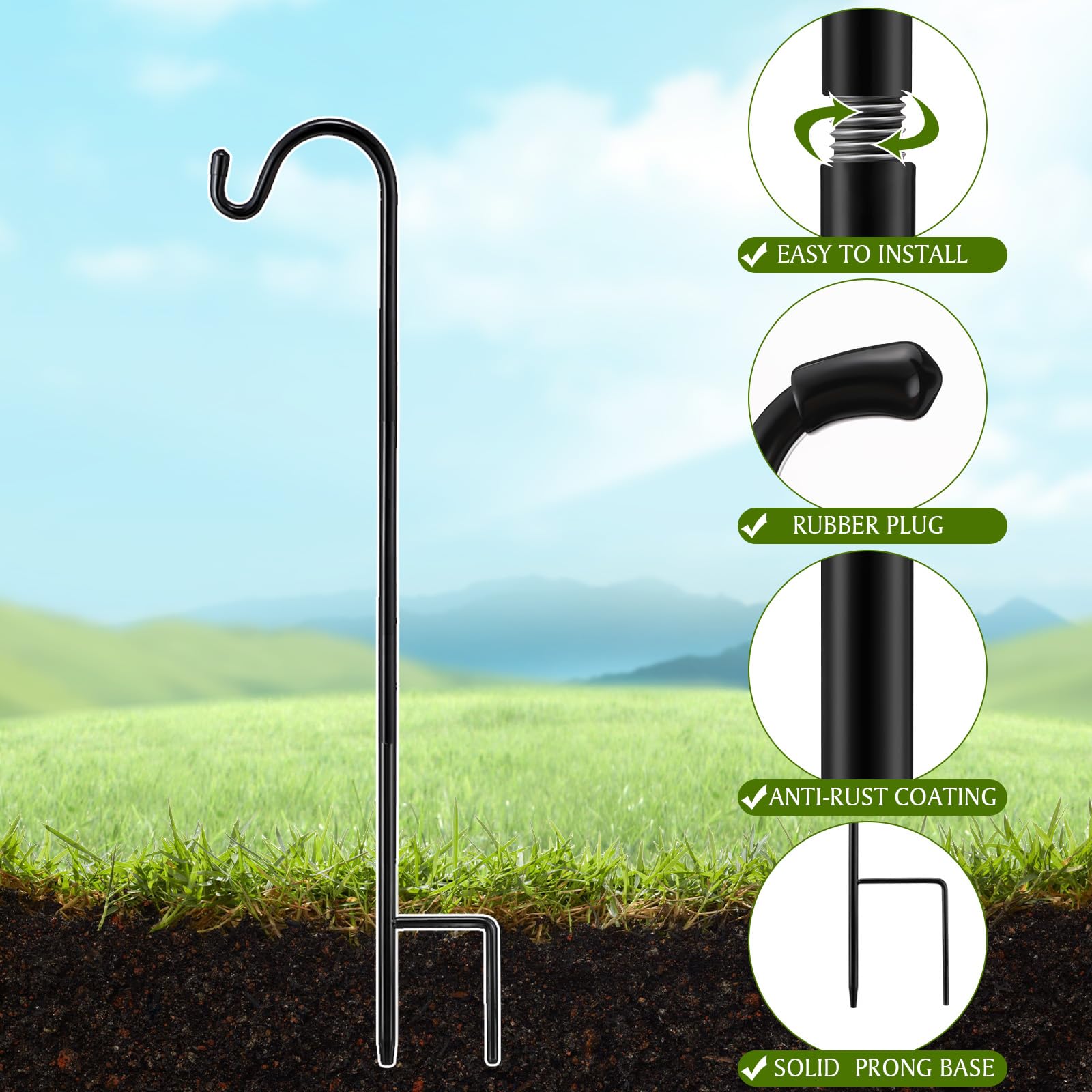 Yetene black steel shepherds hook adds sleek garden decor.