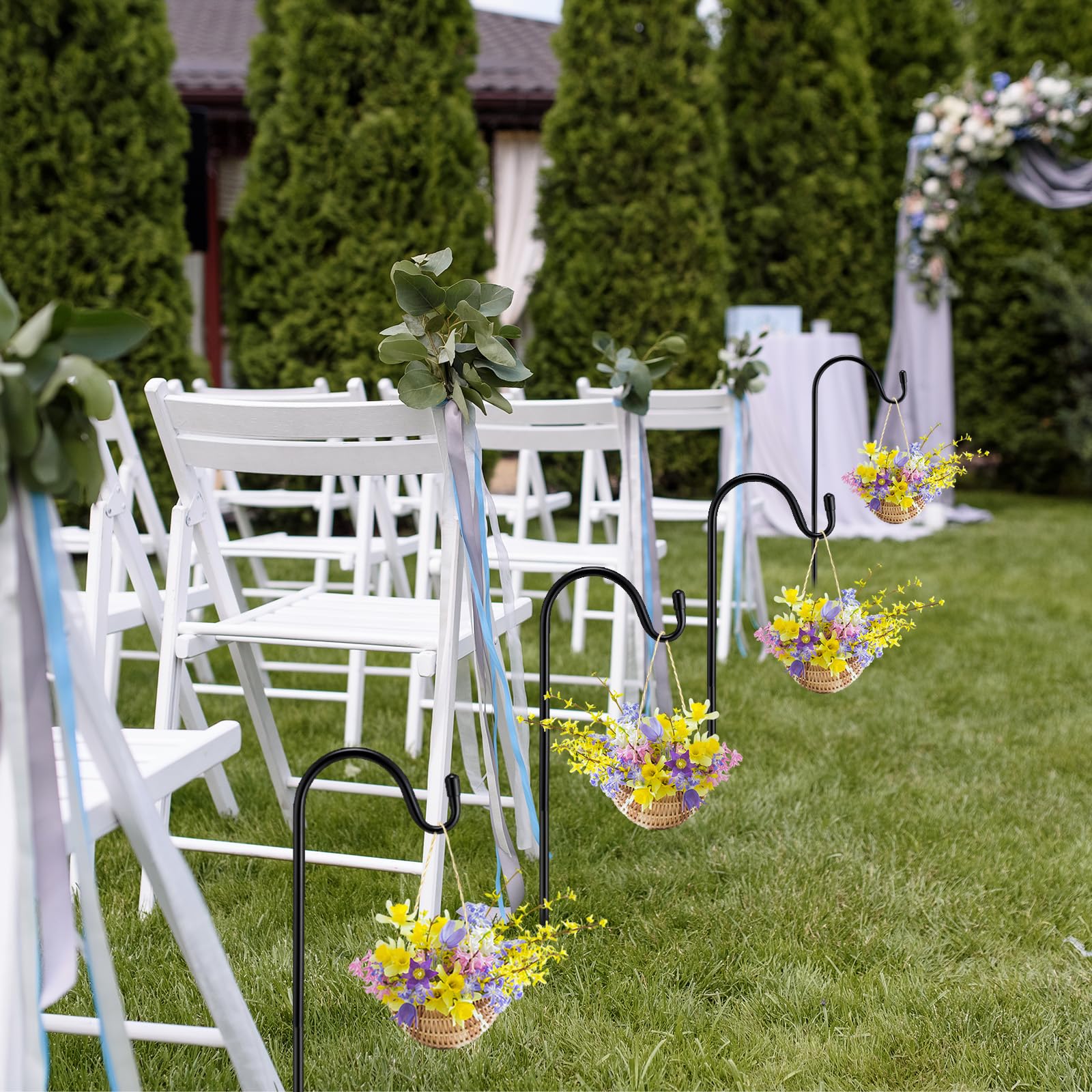 Yetene outdoor shepherds hook holds planters, lanterns, or garlands.