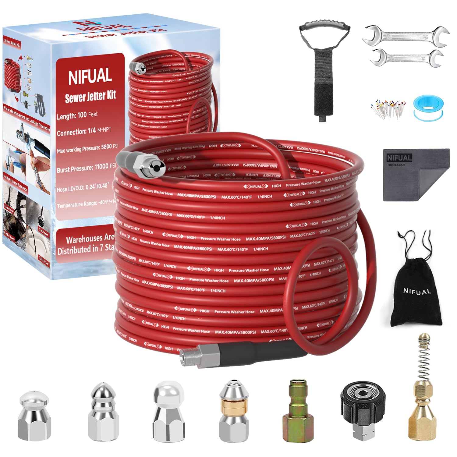 YETIANICAL NIFUAL sewer jetter kit box for complete DIY drain cleaning.