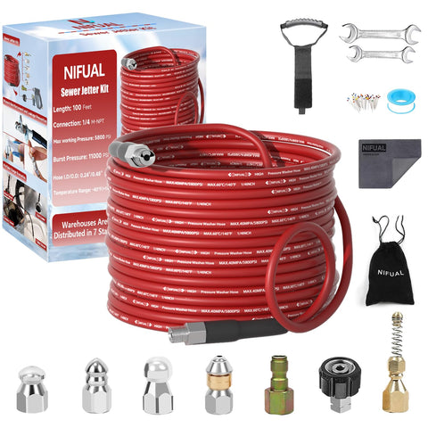 YETIANICAL NIFUAL sewer jetter kit box for complete DIY drain cleaning.