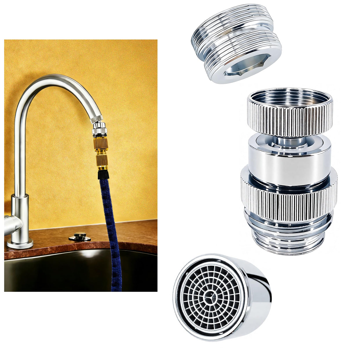 YeulYuuri garden hose adapter with 360° swivel to prevent twisting and improve flow.
