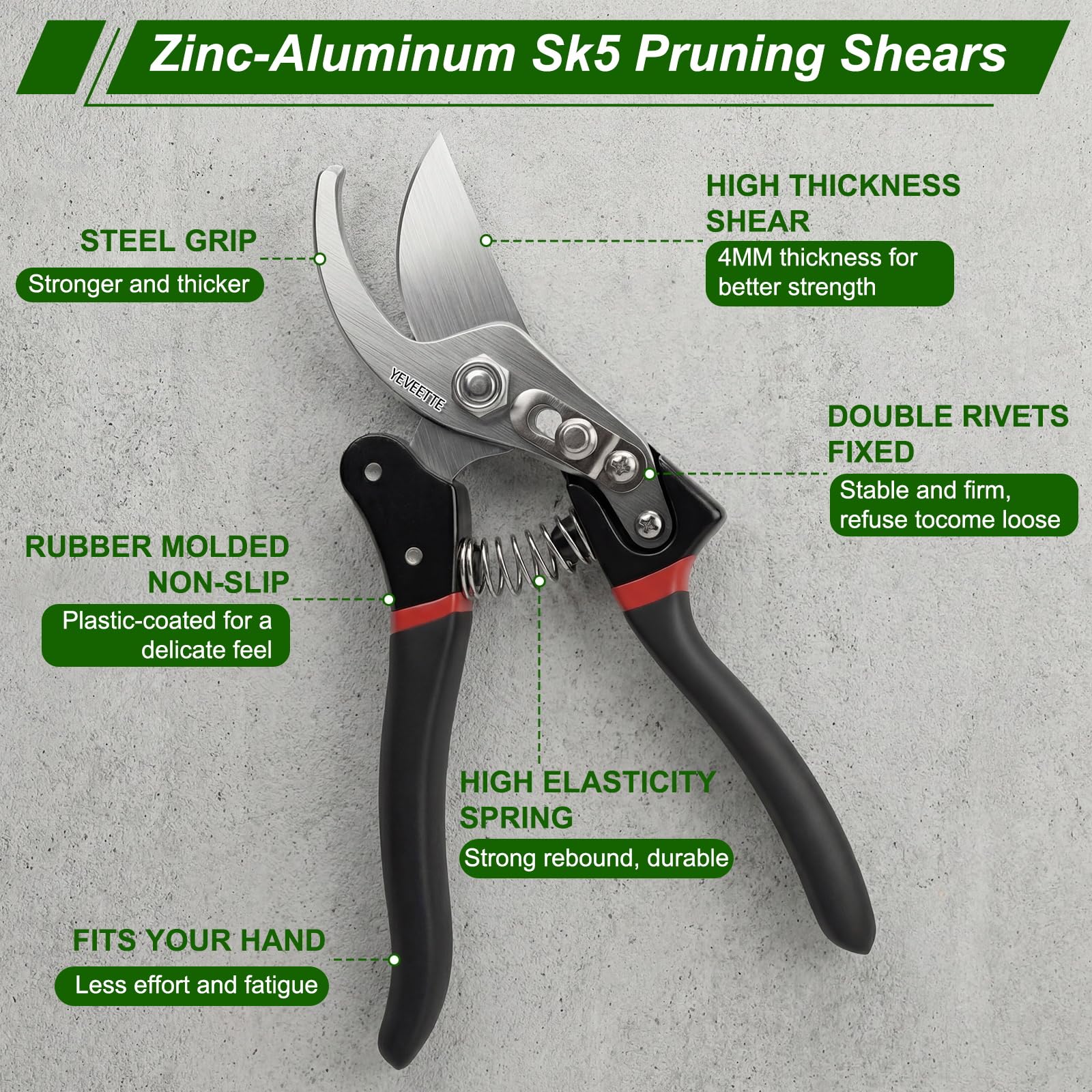 YEVEETTE durable chrome spring mechanism ensures quick reset after every prune.