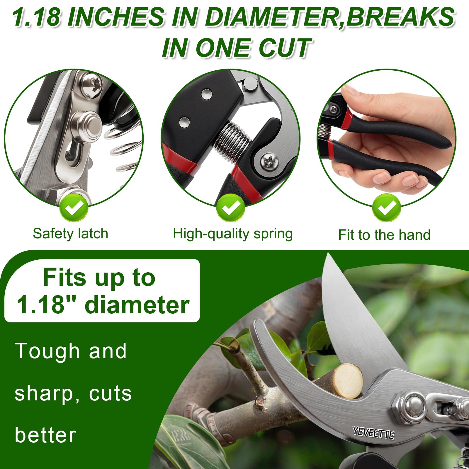 YEVEETTE ergonomic rubber grip handle reduces fatigue during long pruning tasks.