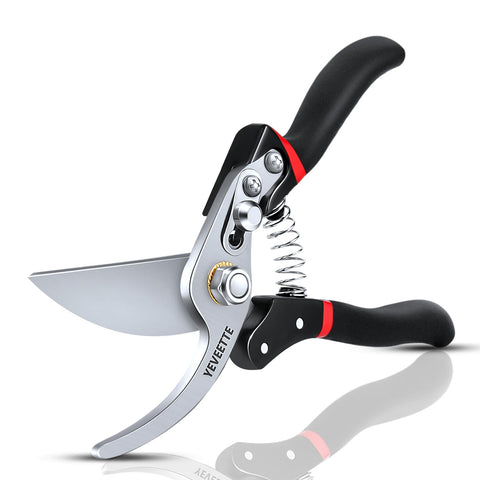 YEVEETTE pruning shears in hand demonstrating comfortable 8.5-inch reach for precise cuts.
